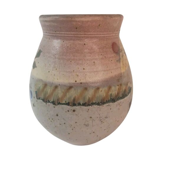 Bridget Hauser Signed Art Pottery Vase Pastels Pink Green Leaves Speckled 5"x 4" - Picture 6 of 13